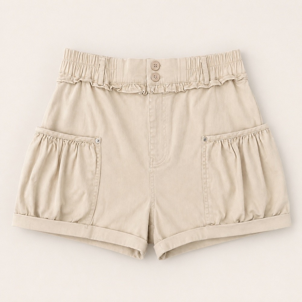 Paperbag Waist Tan Utility Cargo Shorts (MD) High Rise Cuffed Safari Beige Khaki